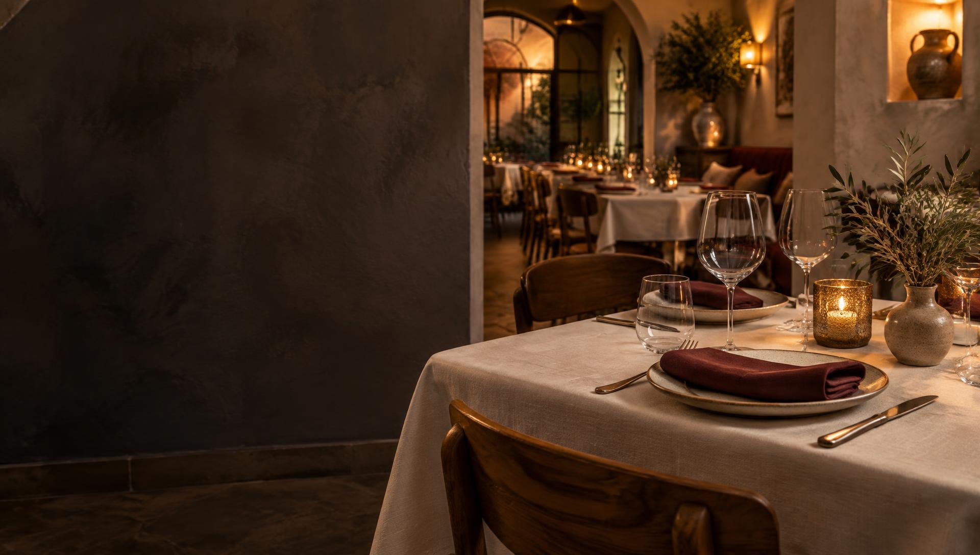 Warm beleuchteter Restaurantbereich mit elegant gedecktem Tisch